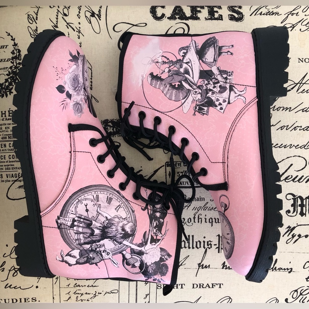 Boots; Combat; “Alice in Wonderland” Theme; Vegan Leather; Pink w/Black Edging